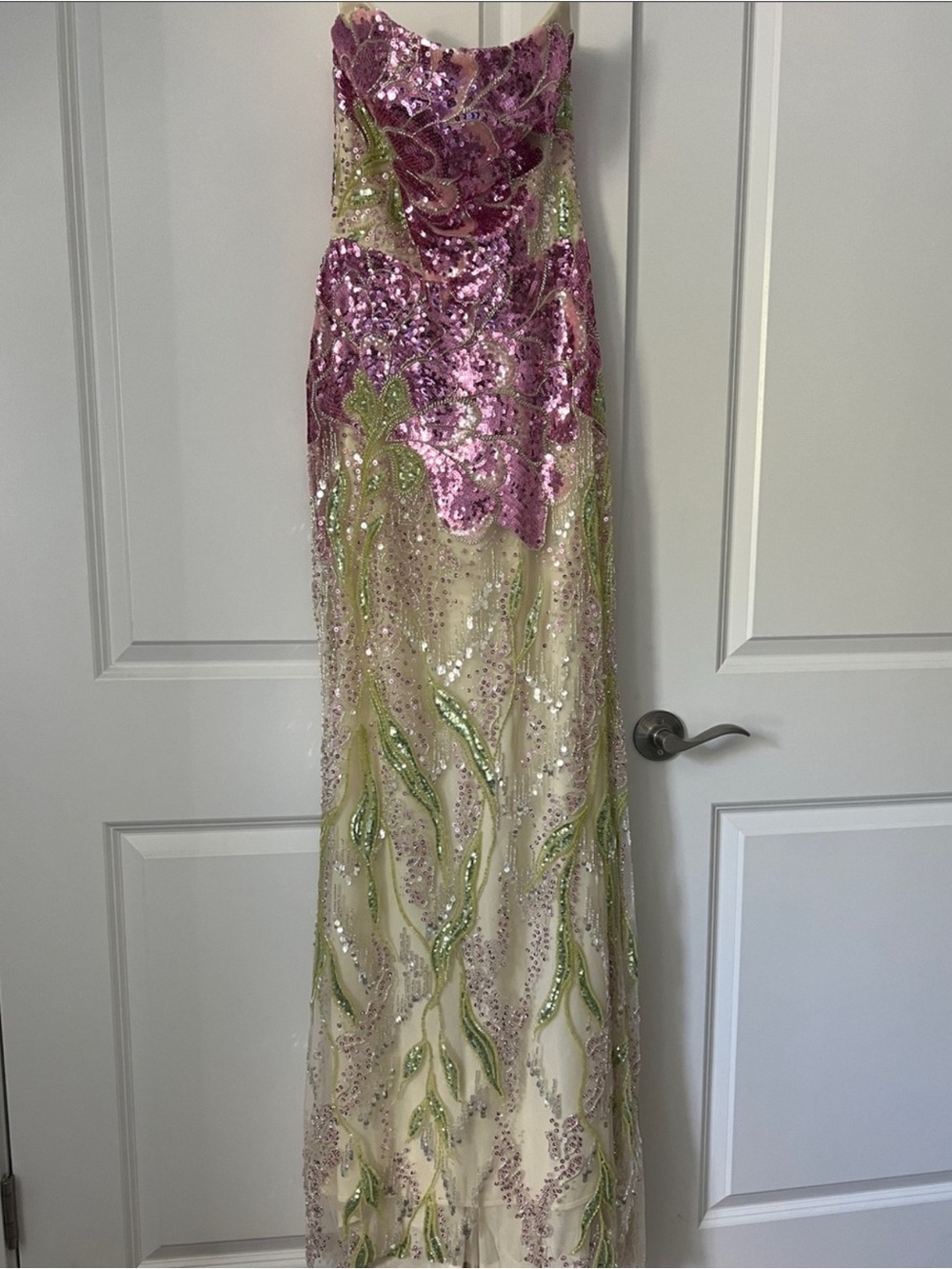 NWOT Sequin Embellished Floral Evening Gown in Pink and Green